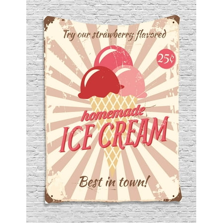 Ice Cream Decor Tapestry, Vintage Sign with Homemade Ice Cream Best in Town Quote Print, Wall Hanging for Bedroom Living Room Dorm Decor, 60W X 80L Inches, Red Coral Cream Tan, by