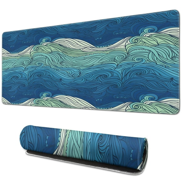 Tapis de Souris Grande Taille avec Design Vague Bleue et Blanche Japonaise - Idéal pour le Gaming, 31.5 X 11.8 Pouces