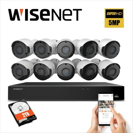 Wisenet SDH-C85105BF 16 Channel Super HD DVR Video Security System with 2TB Hard Drive and 10 5MP Weather Resistant Bullet Cameras (SDC-89445BF)