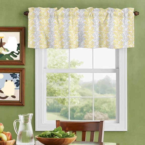 Valances for Windows,Botanical Leaves on White Kitchen Curtain Valance Short Rod Pocket Panels Seamless Yellow Gray Foliage Small Window Treatment for Living Room Bedroom Bathroom,42"Wx12"L