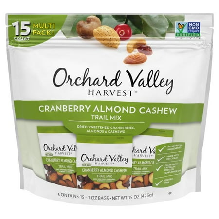 Orchard Valley Harvest Cranberry Almond Cashew Trail Mix, 1 Ounce Bags (Pack of 15), Cranberries, Almonds, and Cashews, Non-GMO, No Artificial Ingredients