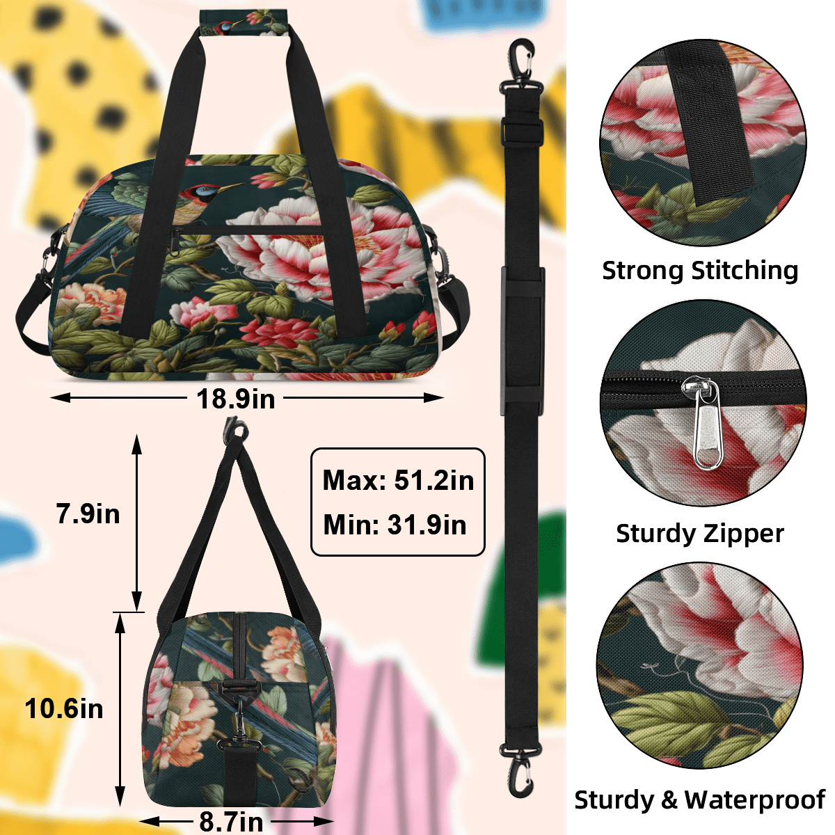 Herdesigns Flowers and Birds Sports Duffle Bag for Women & Men, Retro Theme Gym Bag Dance Bag Overnight Bag Carry On Weekender Travel Bag