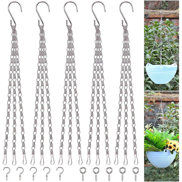 Juego de 15 cadenas de cesta colgante de metal de 16 pulgadas, 5 cadenas de repuesto para macetas de 3 puntos con 5 ojos de tornillo y 5 ganchos de tornillo para Bird F