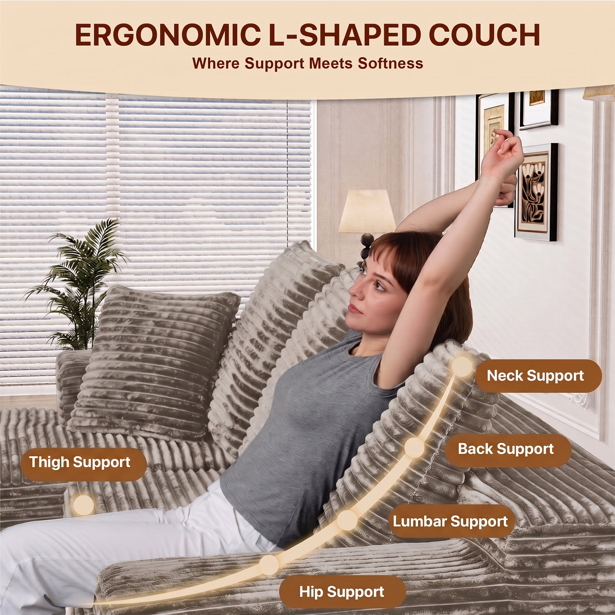 Aukfa 108" Cloud Sectional Sofa Deep Seat Boneless Couch Modular L-Shaped Couch, Left Chaise Corduroy Sofa for Living Room, Brown
