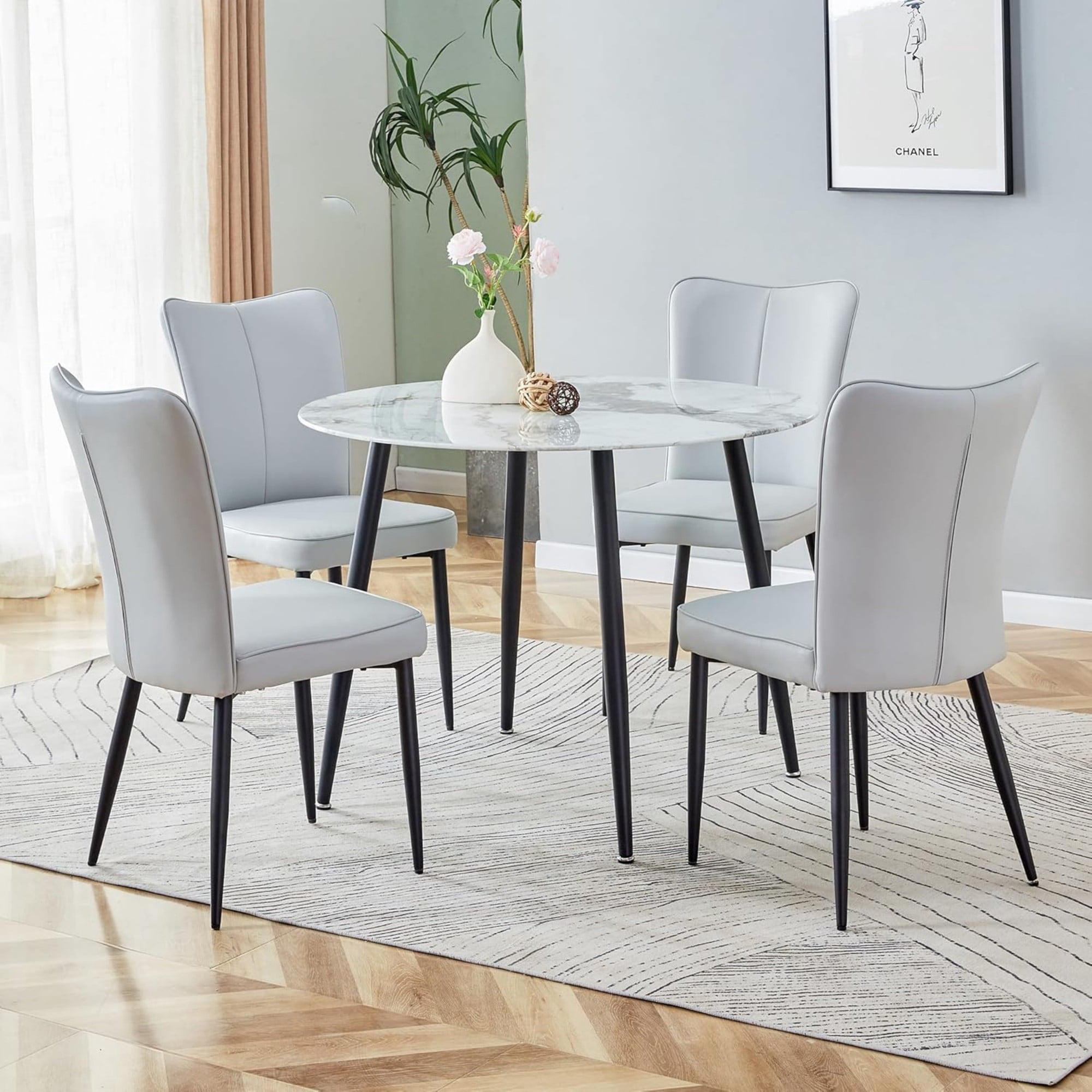 SUDICA Dining Chairs Set of 4, Modern Gray PU Leather Upholstered High Back Kitchen Chairs with Black Metal Legs for Dining Room