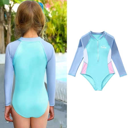 Girl Swimsuits Long Sleeve 1-Piece Bathing Suits Quick Dry Summer Swimwear Color Block Athletic Kids Swimsuit Girl 9-10 Years