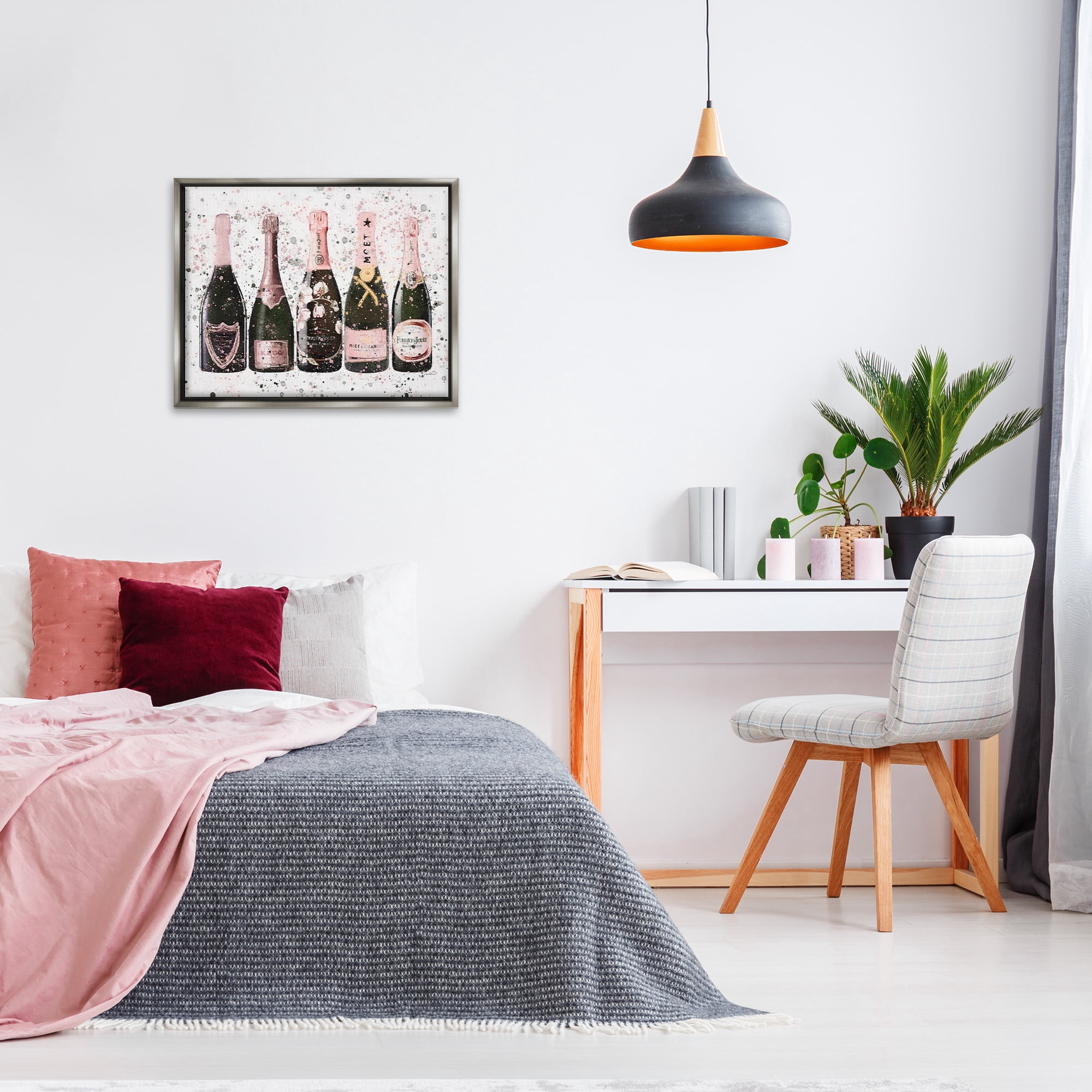 Stupell Industries Chic Pink Rose Bottles Food & Beverage Painting Gray Floater Framed Canvas Art Print Wall Art, 31 x 25