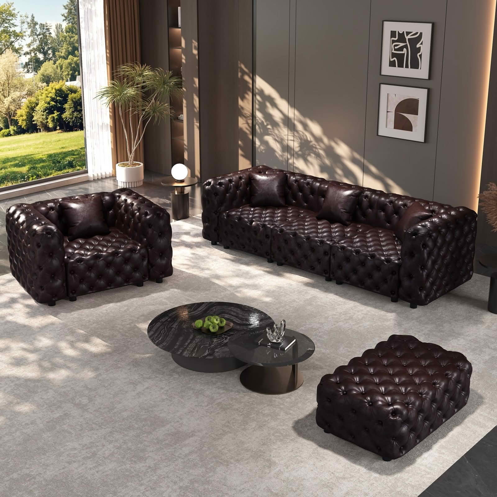 MAYEERTY 4‑Seat Faux‑Leather Modular Sofa Set, Handcrafted Button Tufted Couch with Ottoman & 4 Pillows for Living Room & Small Apartment