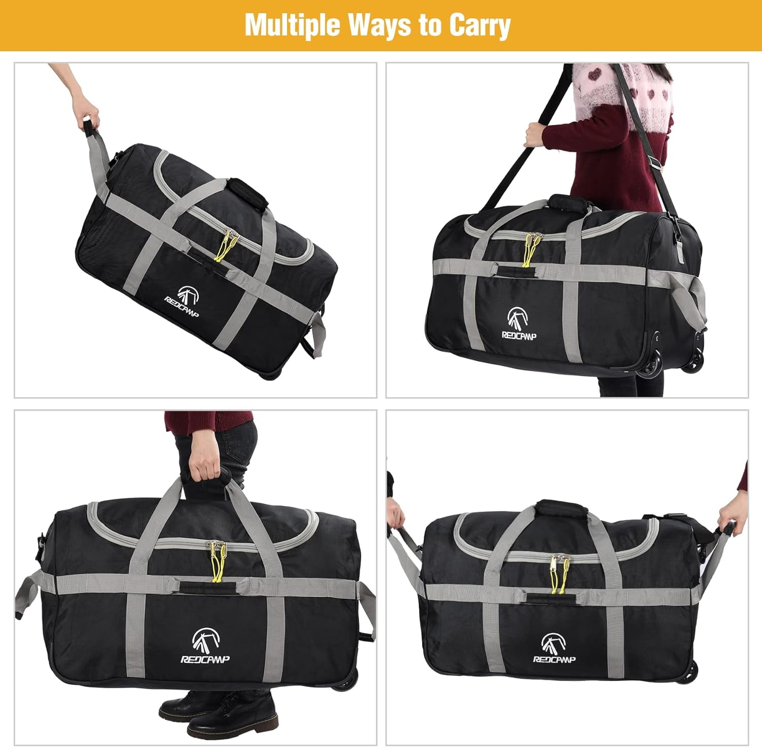 REDCAMP 85L Foldable Duffle Bag with Wheels 26", 1680D Oxford Collapsible Large Duffel Bag with Rollers for Camping Travel Gear, Gray
