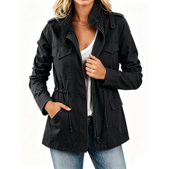 Long Sleeve Women Spring Fall Solid Color Zipper Coat Stand Collar Casual Military Anorak Jackets with Pocket