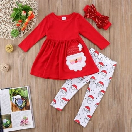 Christmas Toddler Kids Baby Girls Santa Dress Leggings Headband Outfits Clothes