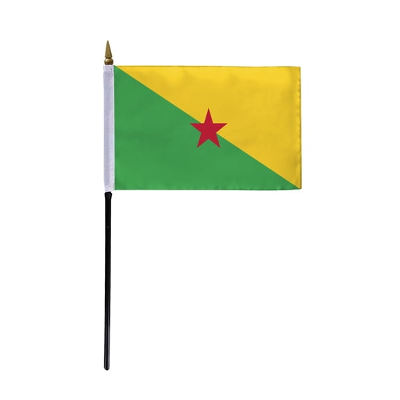 AGAS French Guyana Flag 4x6 inch - 11" Plastic Pole 100% Polyester Stitched Edges Guyana National Mini Flag on a Stick