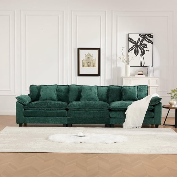 YWEN 117.3" Modern Chenille Modular Cloud Sofa, 3 Seater Couch with Spring Cushions, Featuring Deep Seats and Pillows, Easy Assembly, Comfy Couches for Living Room,Green