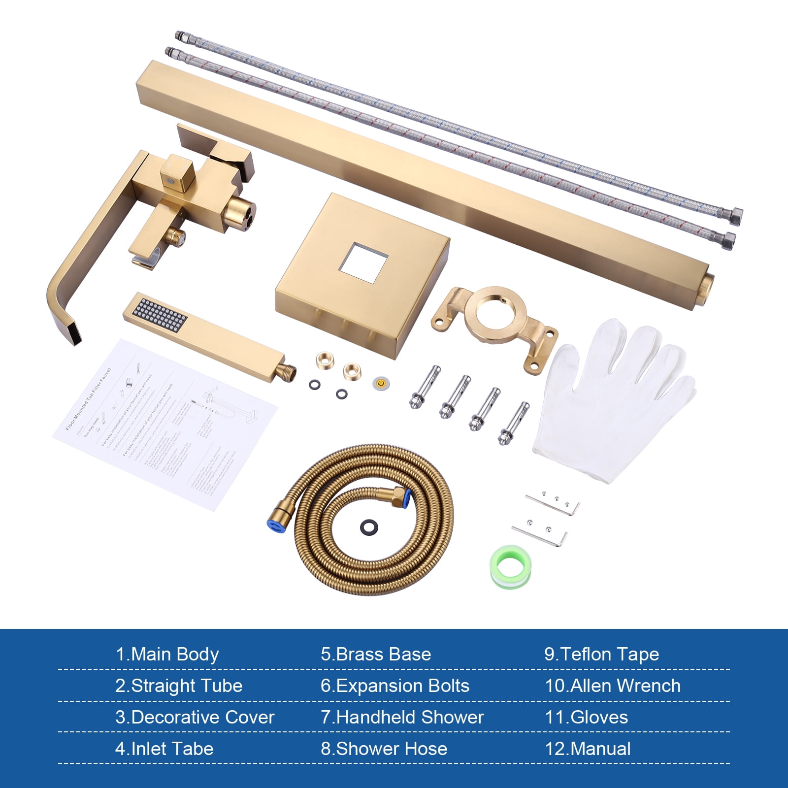 Wowow Single handle Floor Mount Freestanding Waterfall Bathtub Faucet in Gold with Handheld Shower (Valve Included)
