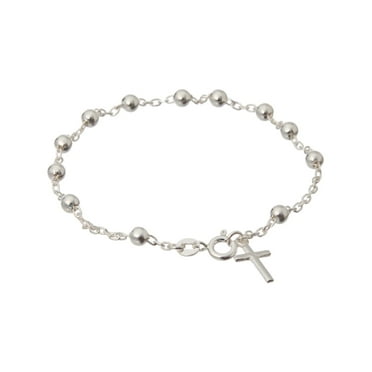 Pori Jewelers Italian Sterling Silver 4mm, 7.5" Round Bead Cross Bracelet Women