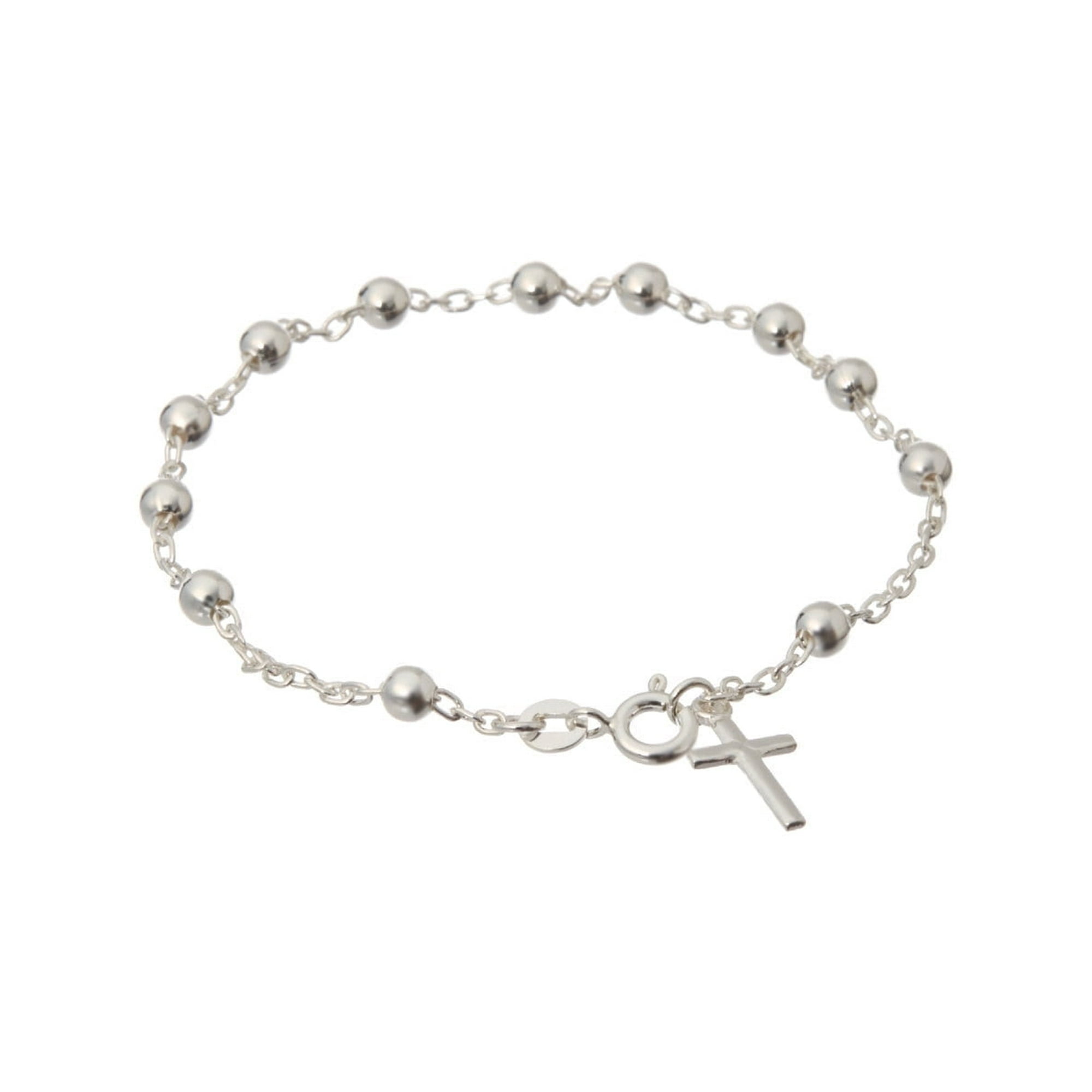 Pori Jewelers Italian Sterling Silver 4mm, 7.5" Round Bead Cross Bracelet Women