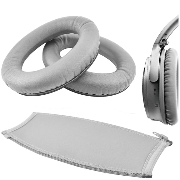 Geekria Replacement Ear Pad and Headband Pad Set for Boses QuietComfort QC35, QC25, QC2, QC15 Headphones, Repair Parts Suit (Grey Silver)