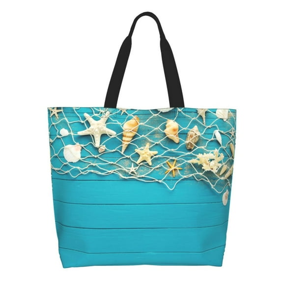 Naloa Seashells And Fishing Net On Blue Wooden Table Tote Bag for Women Large Capacity Shoulder Bag for College Work Travel Shopping