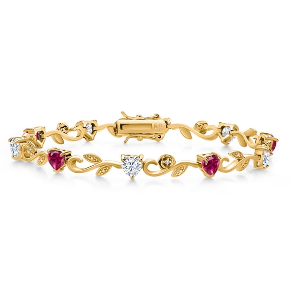 Gem Stone King 18K Yellow Gold Plated Silver Heart Shape Red Created Ruby White Moissanite and Round White Lab Grown Diamond Greek Vine Flower Tennis Bracelet for Women (5.14 Cttw, 7.5 inch)
