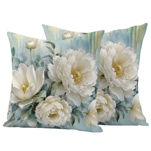 White Floral Outdoor Waterproof Pillow Covers, Modern Abstract Blue Teal Flower Leaves Decorative Square Throw Pillowcase Sofa Cushion Sham for Patio/Couch/Chair, 18"x18" 2 Pack