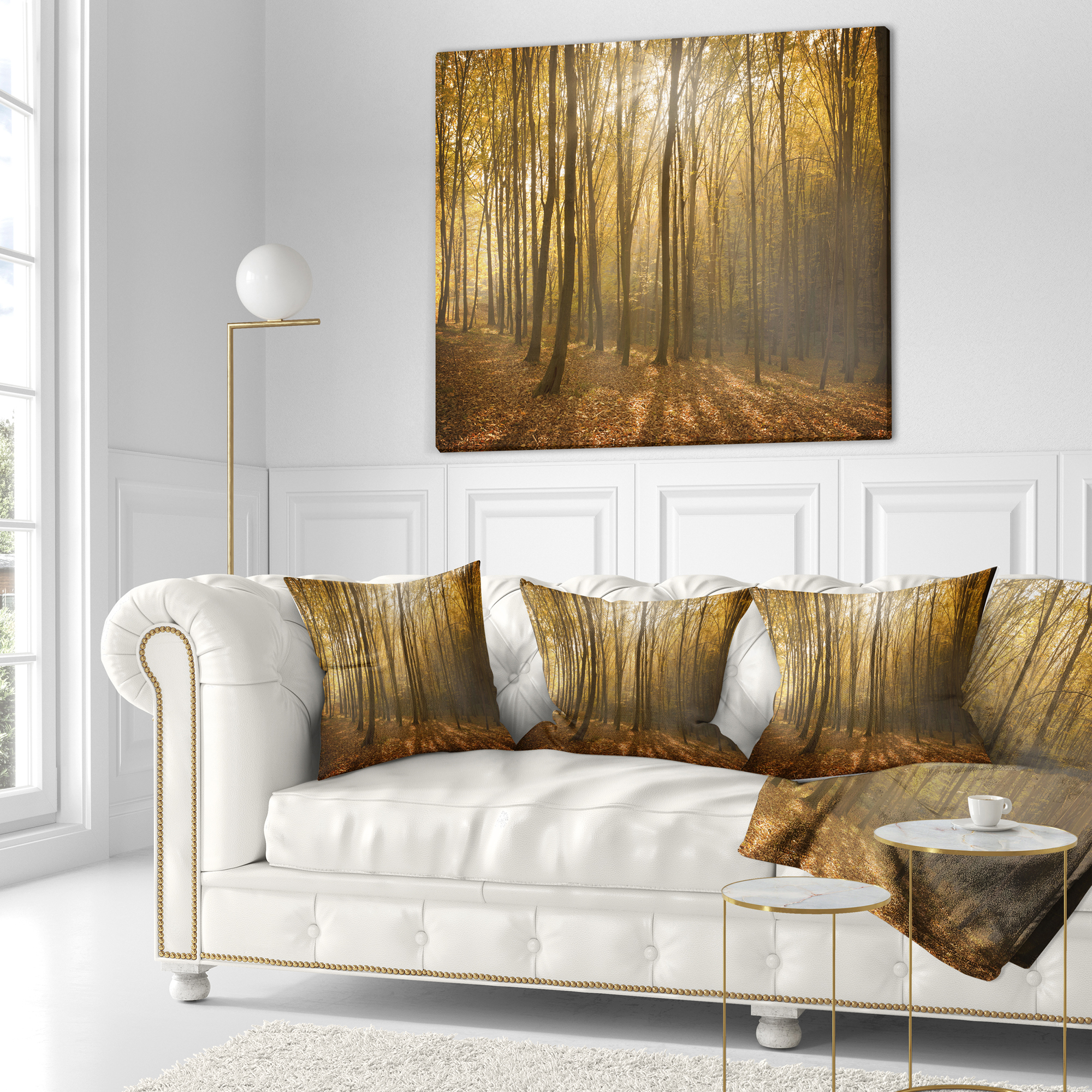 Designart Thick Green Fall Forest with Fog - Forest Throw Pillow - 16x16
