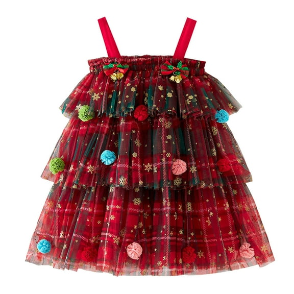 Staki Baby Girls Tutu Dress Toddler Girl Christmas Outfit Sleeveless Gingerbread Print Tulle Tutu A-Line Party Dresses for Girls(Red,5-6 Years)