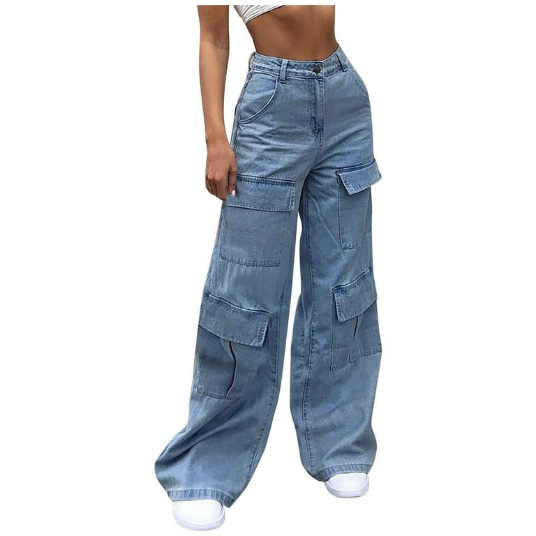 SELONE Cargo Pants Women High Waist With Pockets Denim Casual Long