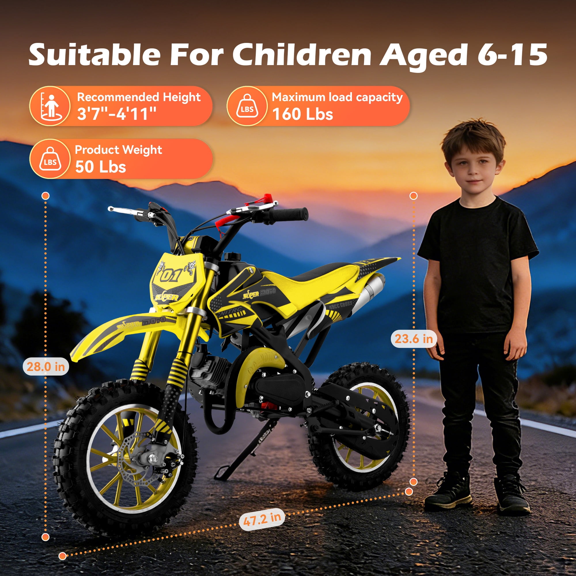 Gpower 49cc Dirt Bike for Kids 6-15,2-Stroke Gas Powered Mini Dirt Bike,1.5L Fuel Capacity,1-Seater,Yellow