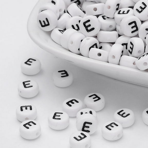 100pcs Flat Round with Letter E Acrylic Beads with Horizontal Hole White & Black Size: about 7mm in diameter 4mm thick hole: 1mm