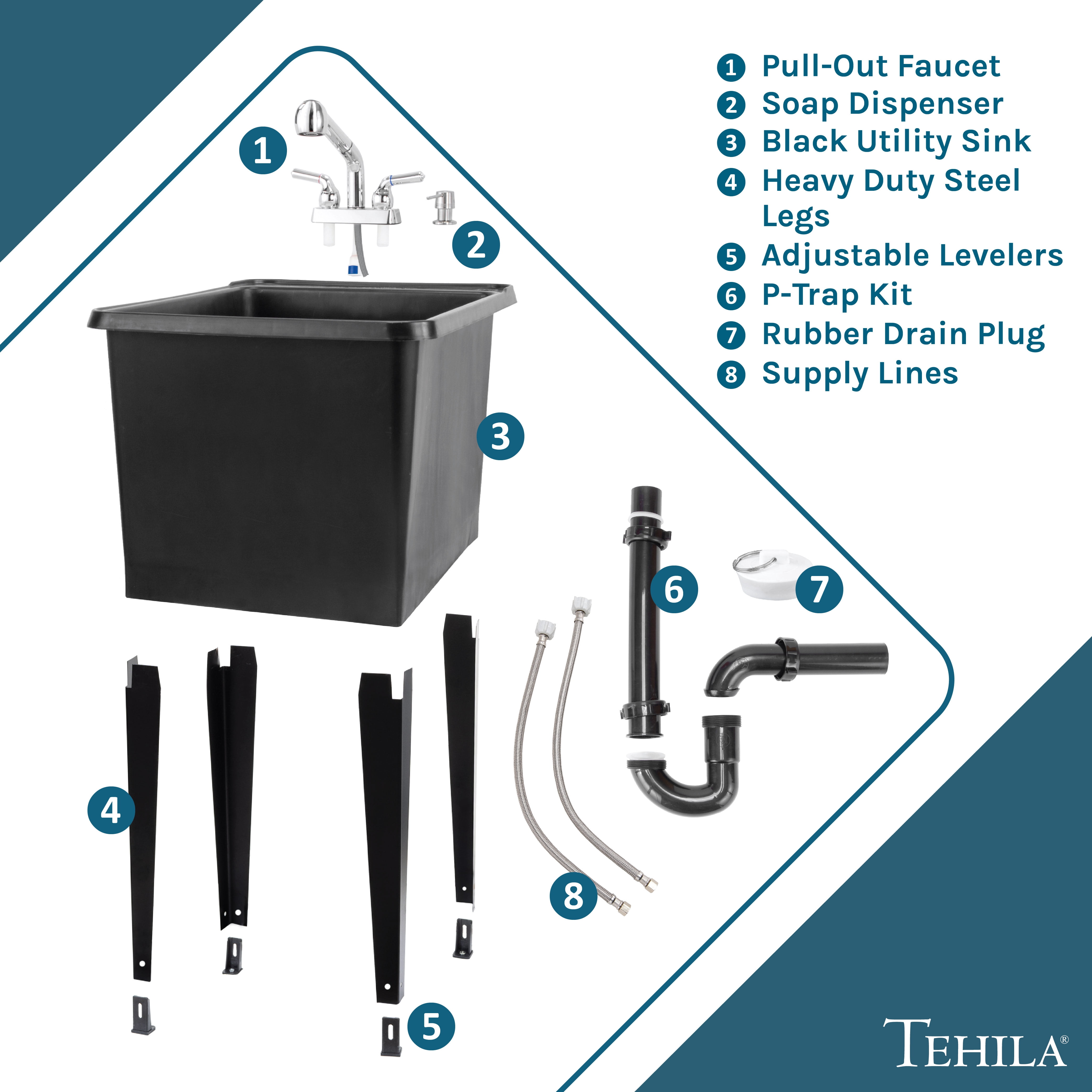 Tehila Black Thermoplastic Freestanding Utility Sink with Chrome Pull-Out Sprayer Faucet, 16 Gallon