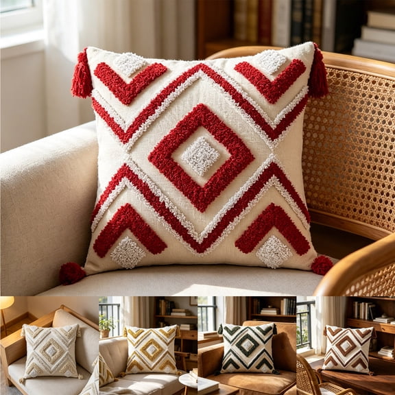 Bohemian Tufted Throw Pillow Cover, Geometric Diamond Pattern Cushion Cover with Tassels, Soft Polyester Decorative Pillowcase for Sofa Bed Living Room, Indoor Home Decor Enhancement, Topliu