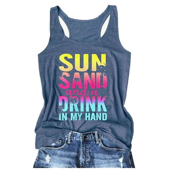 QHFBli Sun Sand and in My Hand Tank Tops Womens Hawaii Summer Beach Graphic Sleeveless T Shirt Cute Country Vacation Tank Cami