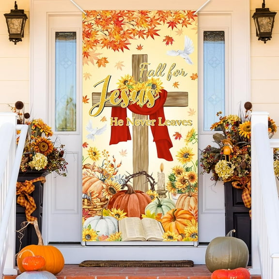 jopioc Fall for Jesus Door Cover Fall for Jesus He Never Leaves Banner Pumpkin Autumn Religious Thanksgiving Party Decorations
