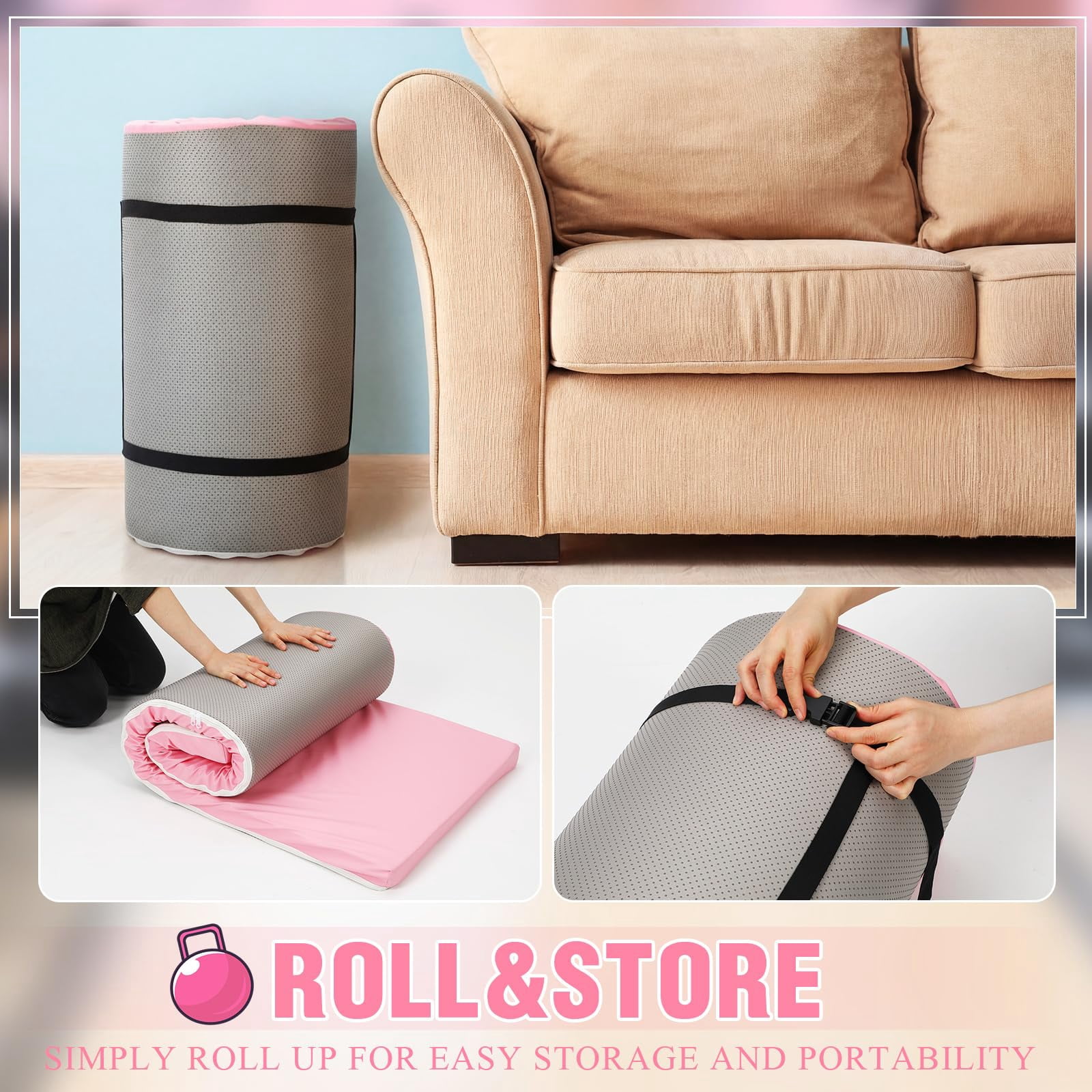 Peach Pink Foldable Yoga Mat 2 Inch 72"x24" Thick For Pilates Stretching Gym Workouts