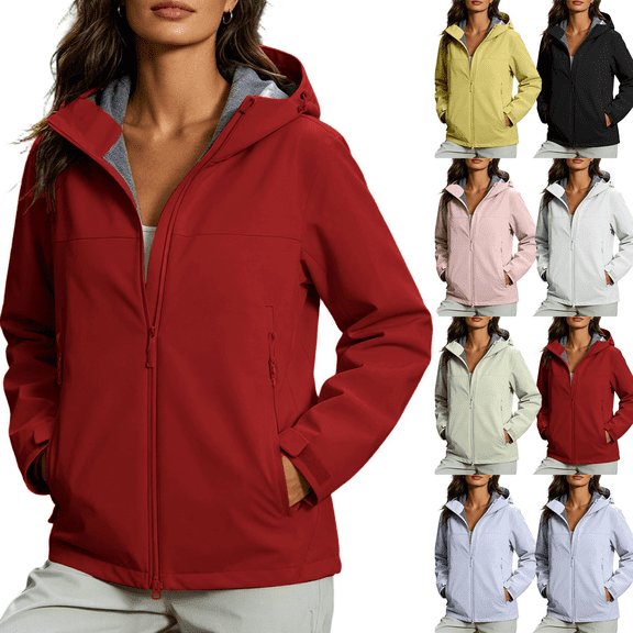 Zeijnsda Outdoor Jackets for Women Solid Color Hooded Outerwear Fashion Versatile Hiking Coat with Zipper Pockets for Autumn Winter Outdoor Activities