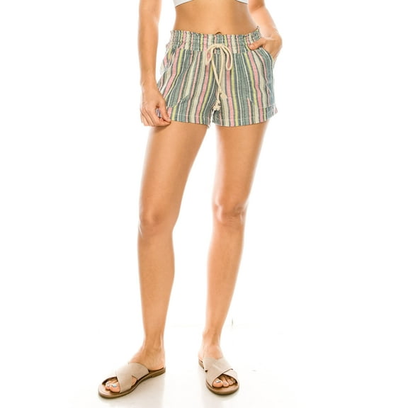 Cali1850 Women's Casual Linen Shorts - Drawstring Smocked Waist Oceanside Lounge Beach Printed Pants with Pockets