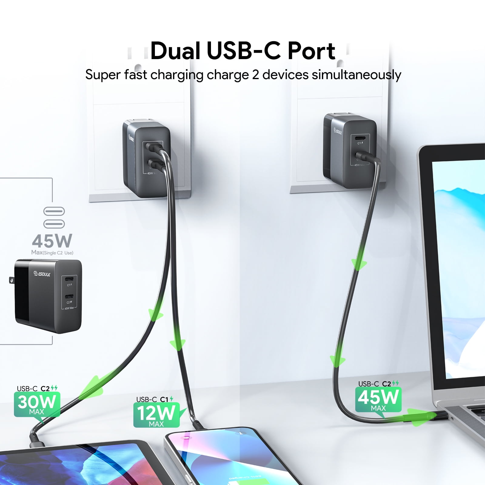 Compatible For Apple iPhone 17e 45W Fast Home Wall Travel Charger PD USB C + 1 X 6FT 100W Type C to C USB Cable