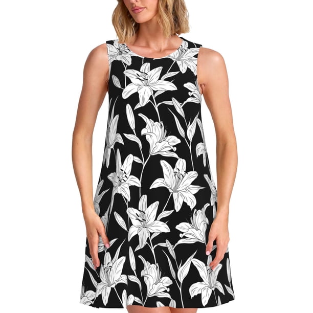 Fotbe Lilies Flowers Vestido de Verano sin Mangas para Mujer – Vestido Midi Línea A, Estilo Camiseta Floral, Vestido Playero Casual y Fluido