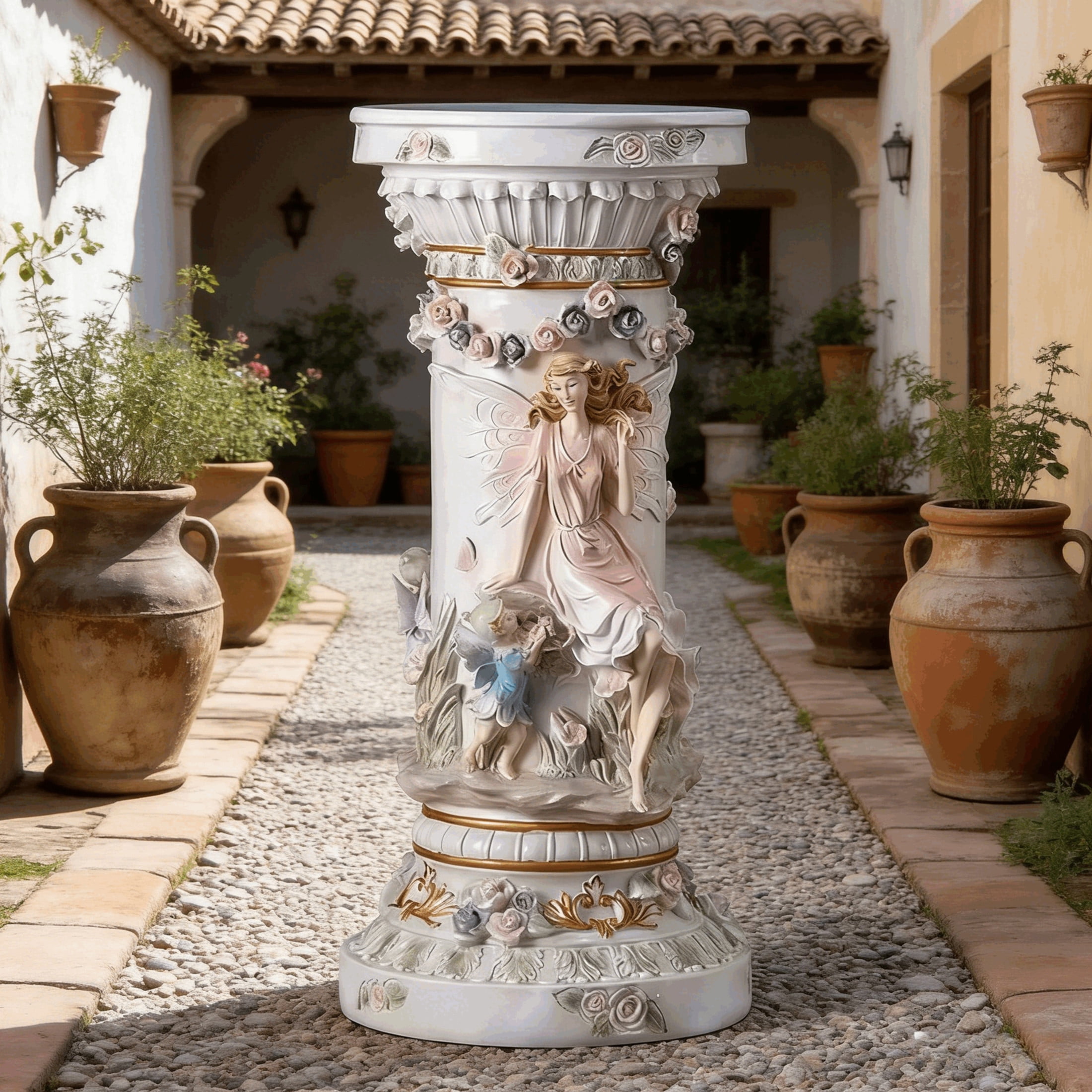 GDF Studio 32" Vintage Fairy & Floral Carved Roman Column Pedestal, Garden Display Stand for Statues & Ornaments