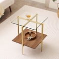 thumbnail image 1 of Rectangle Coffee Table Mid-Century Modern Design L W x H for Living Room - Structure Amber Glass Top and Walnut MDF Shelf Sleek Conical Metal Legs with Gold Finish, 1 of 8