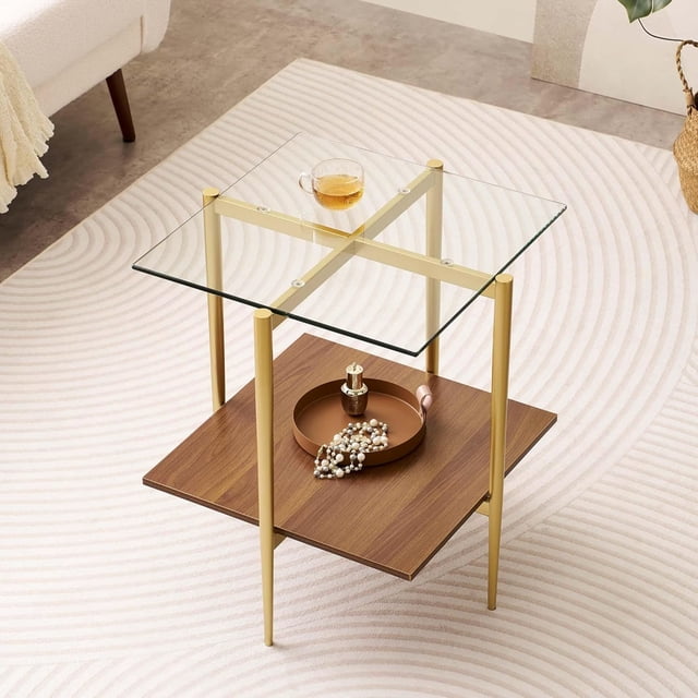 Rectangle Coffee Table Mid-Century Modern Design L W x H for Living Room - Structure Amber Glass Top and Walnut MDF Shelf Sleek Conical Metal Legs with Gold Finish