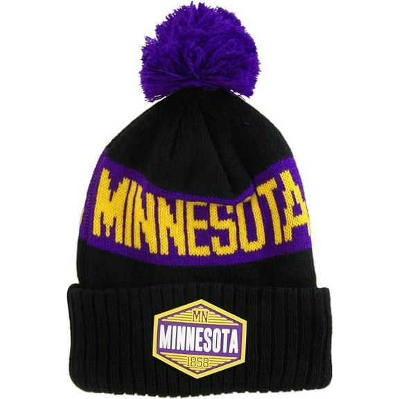 Minnesota Winter Knit 3D Rubber Patch Pom Beanie Hat (Black/Purple)
