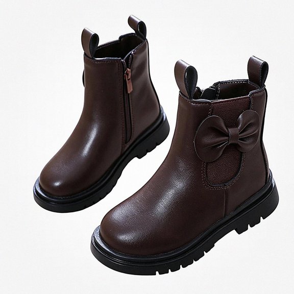 Viluyesy Girls Chelsea Ankle Boots, Faux Leather, Elastic Side Panels, Side Zipper, Bow Detail, Non Slip Lug Sole Brown Size 10 Little Kids