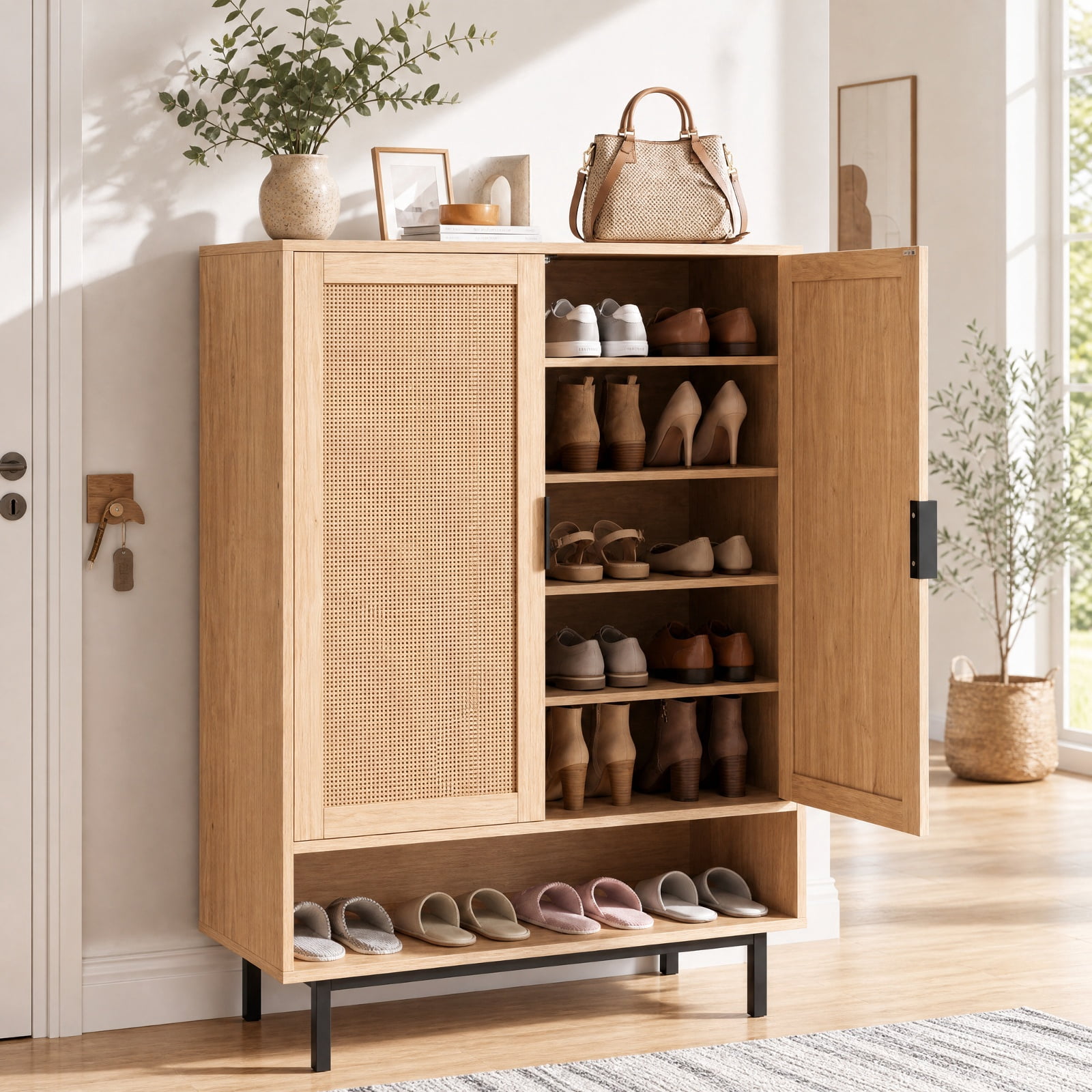 Furnibear 43 Inch Tall 6 Tier Shoe Cabinet with Double Doors and Adjustable Shelves for Entryway Living Room and Closet, Natural