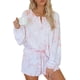 thumbnail image 1 of Conjunto de pijama de 2 piezas con estampado tie dye y volantes cortos para mujer, conjunto de top y pantalones cortos de manga larga, 1 of 5