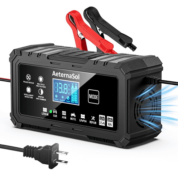 AeternaSol 15A Smart Battery Charger, 12V/24V Fully Automatic Trickle Charger & Maintainer, Automotive Batteries Charger with Temperature Compensation for Cars, Trucks, Motorcycles, Lawn Mowers, Boat