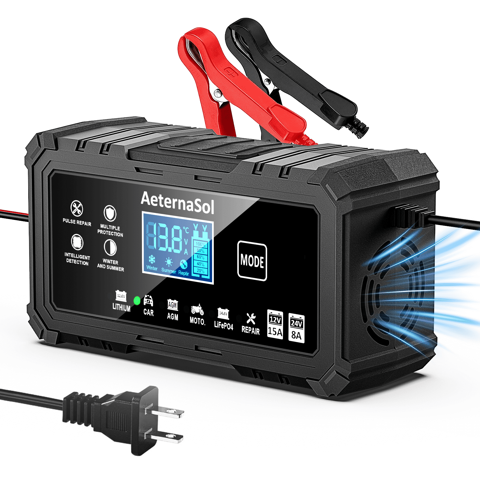 AeternaSol 15A Smart Battery Charger, 12V/24V Fully Automatic Trickle Charger & Maintainer, Automotive Batteries Charger with Temperature Compensation for Cars, Trucks, Motorcycles, Lawn Mowers, Boat