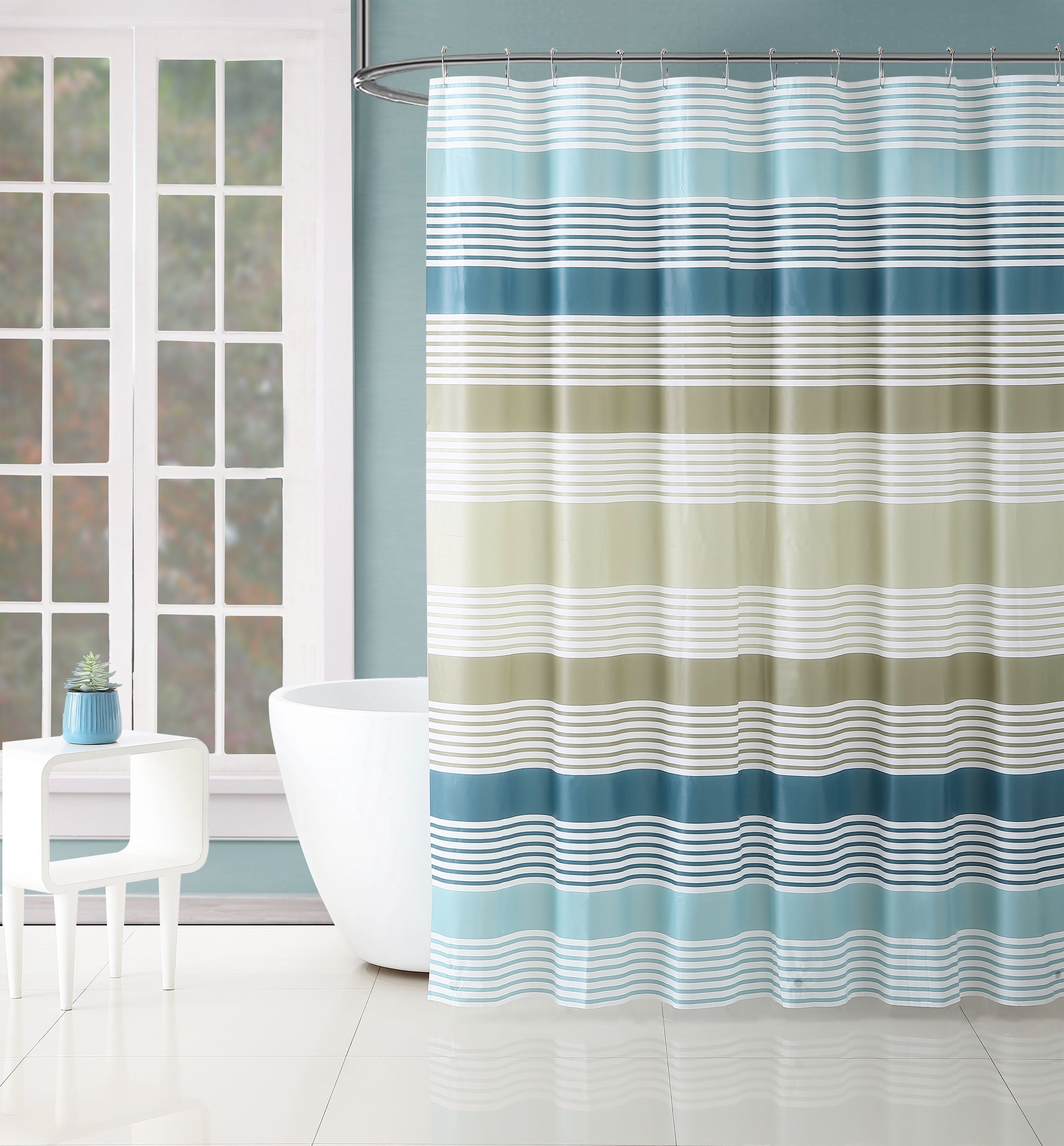 Victoria Classics White Teal and Taupe Stripe Design PEVA Shower