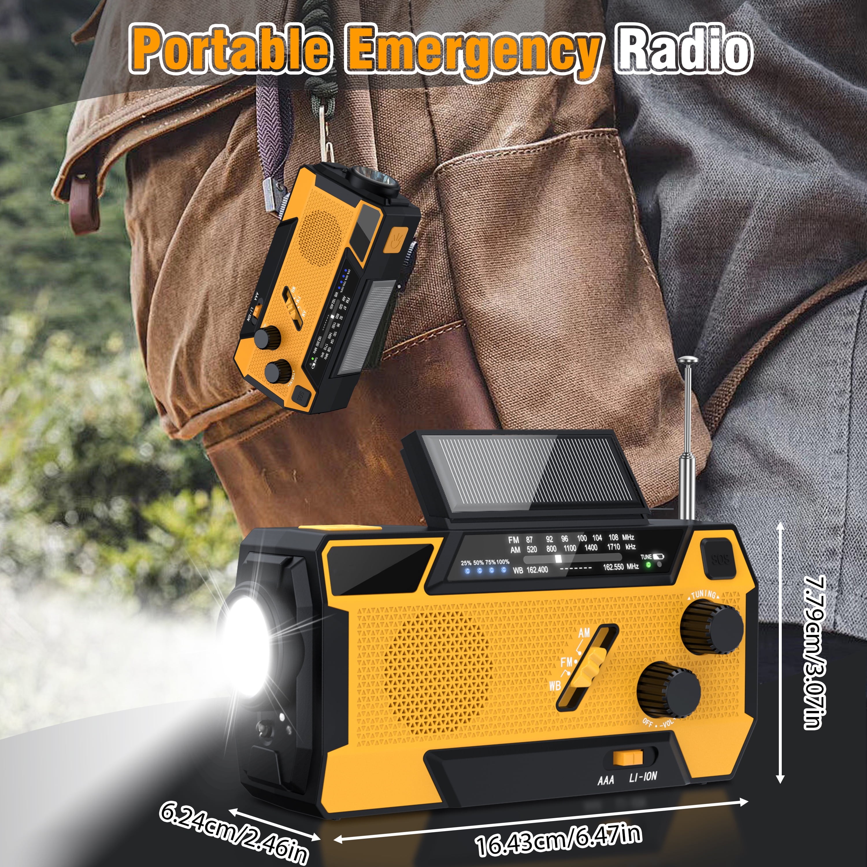 Jazmm Hand Crank Emergency Radio, Emergency Radio,Solar Radio,NOAA/AM/FM Weather Radio, 7400mWh Battery Operated 3 in 1 Charging Cable, LED Reading Light,SOS, for Winter Storm Hurricane Survival Gear