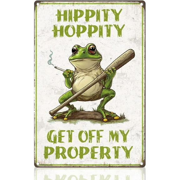 Funny Frog Warning Sign Hippity Hoppity Get Of My Property Wall Decor Metal Tin Sign 8" x 12" Vintage Wall Art Poster for Home Bedroom Man Cave She Shed Bedroom Wall Decor Gift